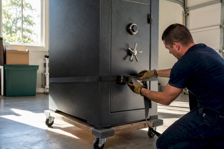 Hands securing dolly straps around gun safe