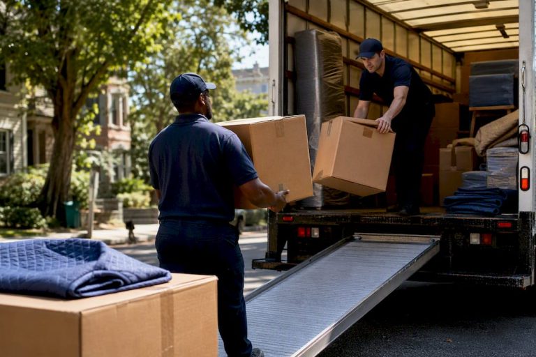 Moving crew loading boxes into truck